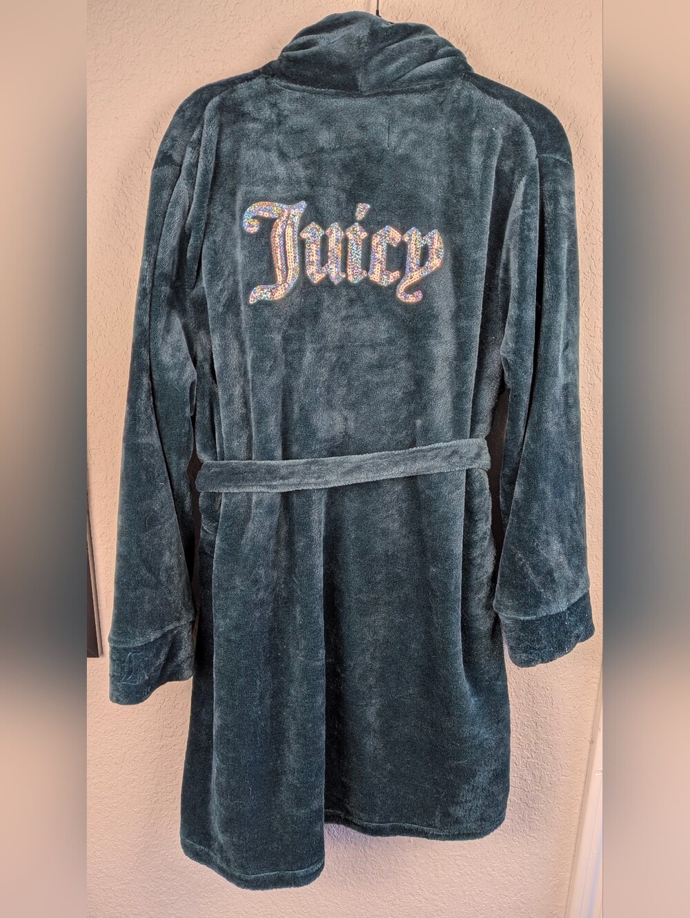 Juicy Couture Plush Robe 2X Deep Teal Green Sequin Juicy Logo Pockets Excellent